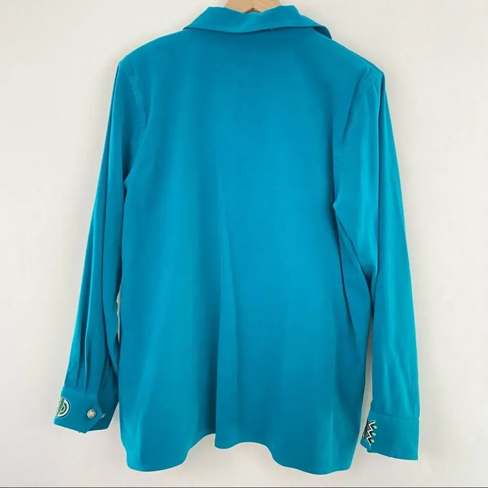 Bob Mackie L Wearable Art Teal Embroidered Floral Zip Lightweight Jacket